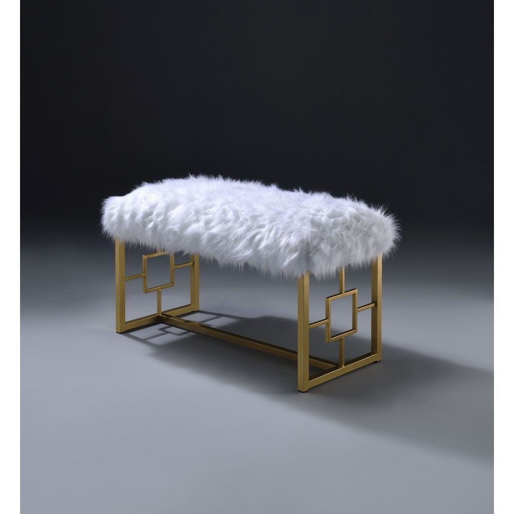 Modern Style Faux Fur Upholstered Bench with Geometrical Side Panels, White and Gold
