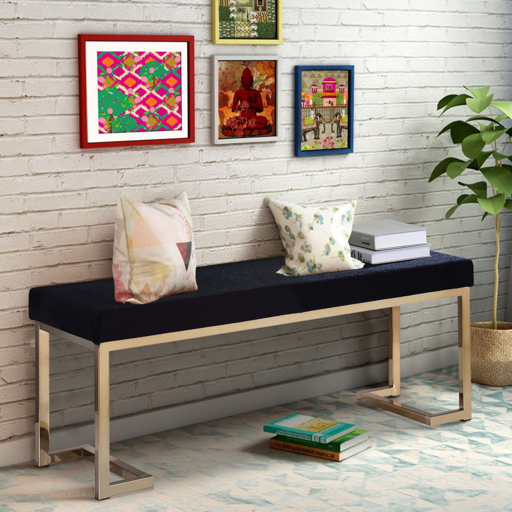 Modern Art Bench | Black Fabric & Gold Finish
