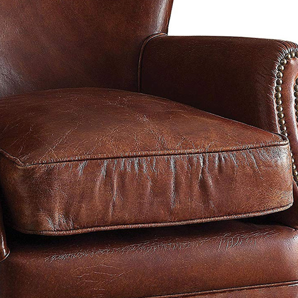 Leather Upholstered Accent Chair With Nail head Trim, Dark Brown