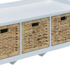 Rectangular Wooden Bench with Three Storage Baskets, White and Beige