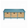 Rectangular Wooden Storage Bench with Rattan Like Weaved 3 Drawers, Blue