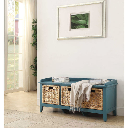Rectangular Wooden Storage Bench with Rattan Like Weaved 3 Drawers, Blue