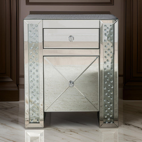 Nightstand | Wood & Mirror | Crystal Inserts | Silver