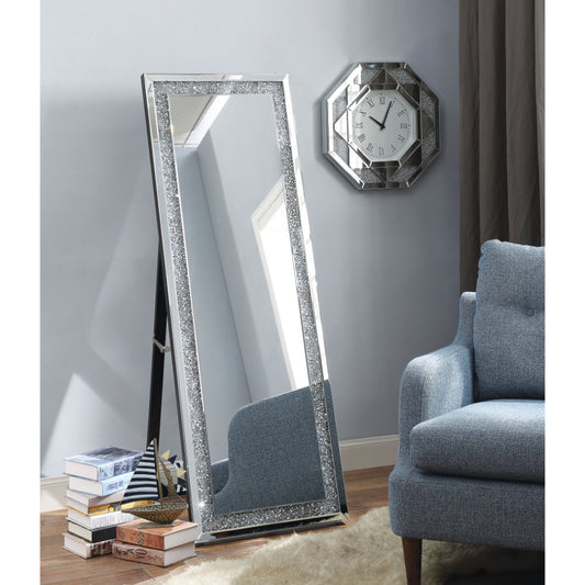 Faux Crystal Accented Wooden Floor Mirror, Clear and Silver By Casagear Home