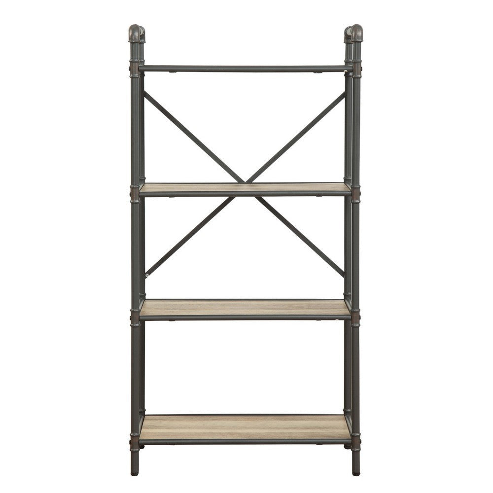 Three Tier Metal Bookshelf With Wooden Shelves Oak Brown & Gray AMF-97163