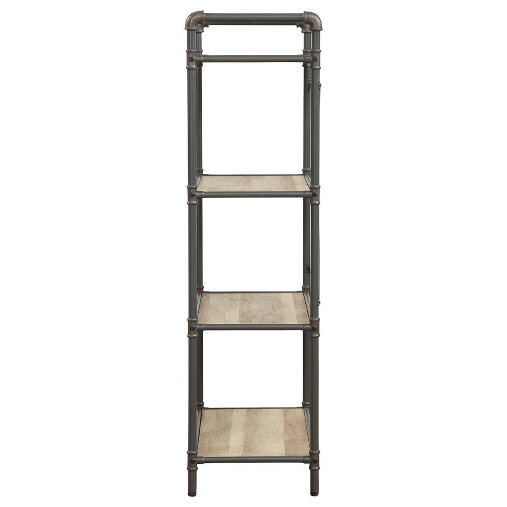 Three Tier Metal Bookshelf With Wooden Shelves Oak Brown & Gray AMF-97163
