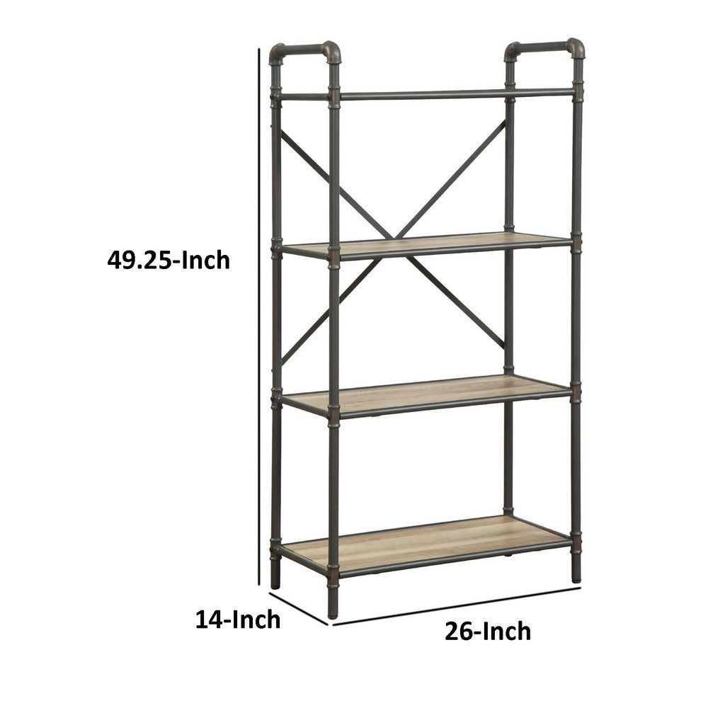 Three Tier Metal Bookshelf With Wooden Shelves Oak Brown & Gray AMF-97163