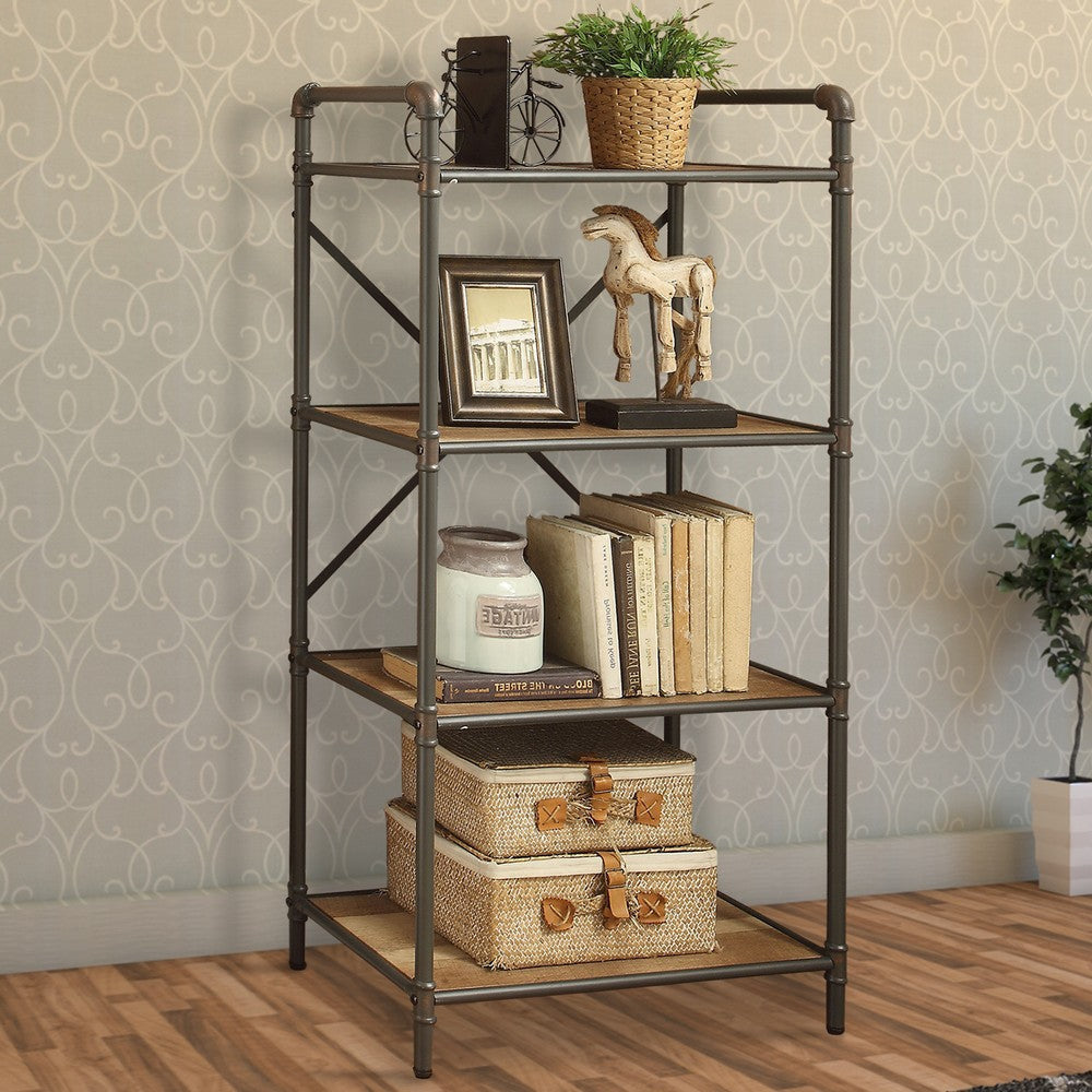 Three Tier Metal Bookshelf With Wooden Shelves Oak Brown & Gray AMF-97163