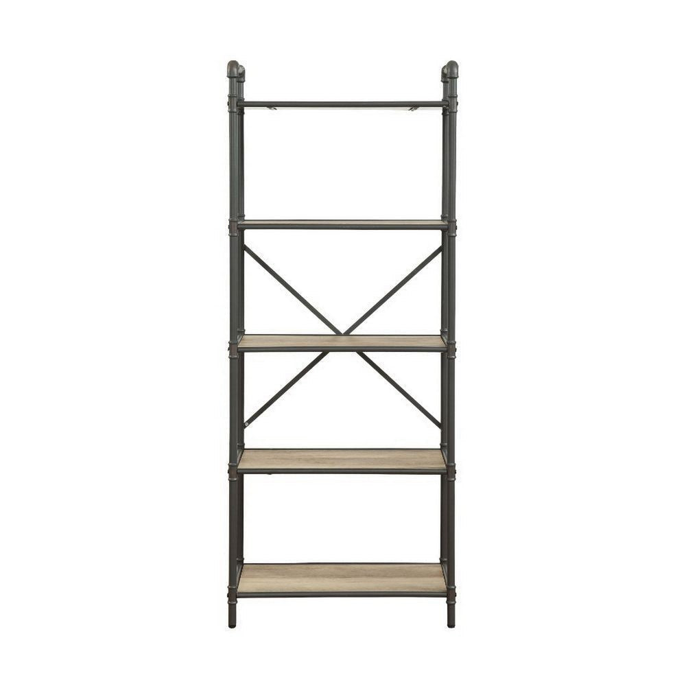 Five Tier Metal Bookshelf With Wooden Shelves Oak Brown & Gray AMF-97164