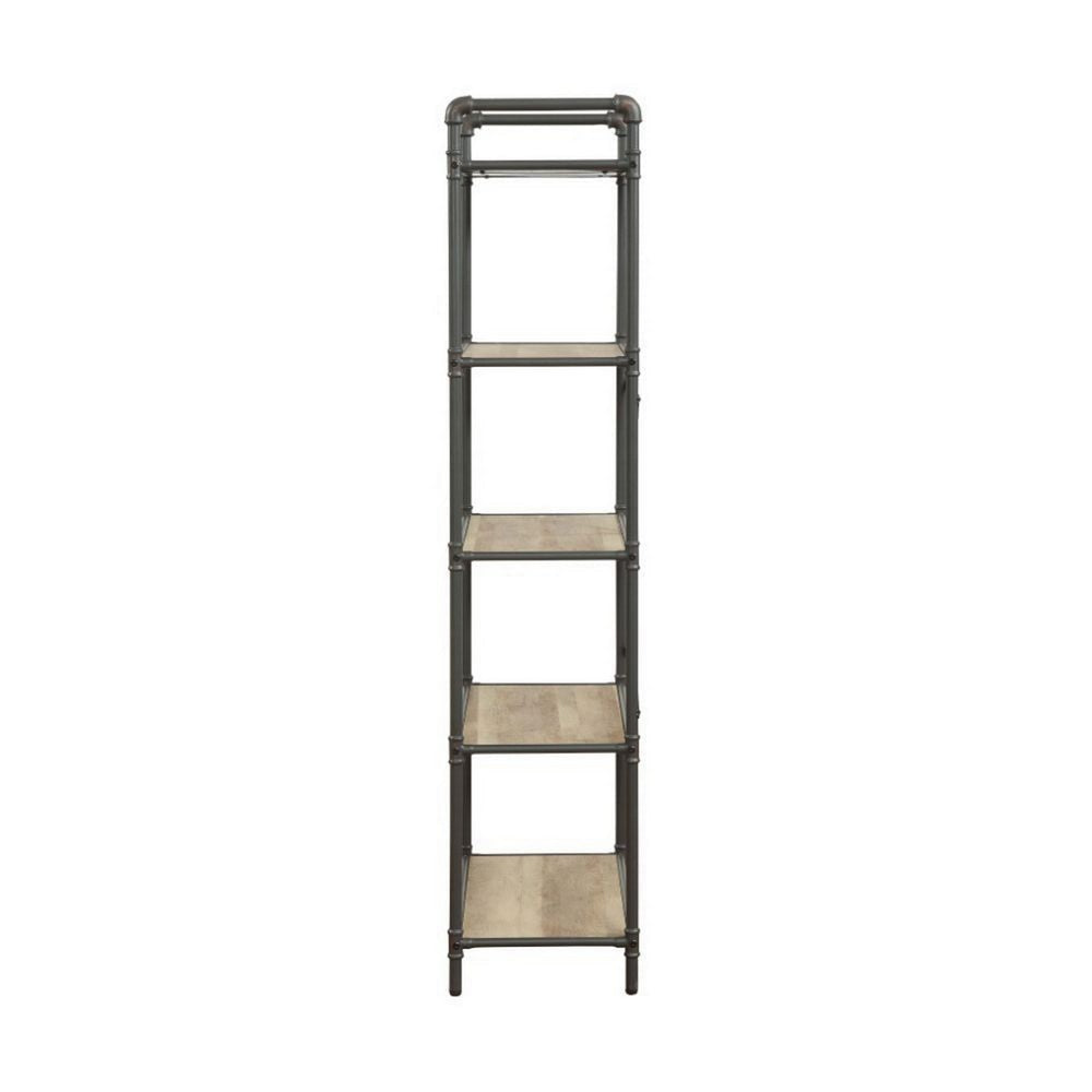 Five Tier Metal Bookshelf With Wooden Shelves Oak Brown & Gray AMF-97164