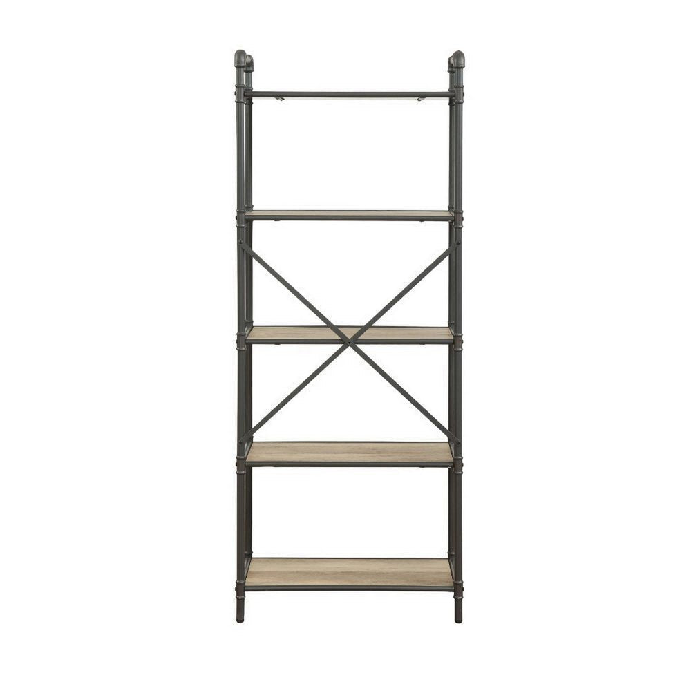 Five Tier Metal Bookshelf With Wooden Shelves Oak Brown & Gray AMF-97164
