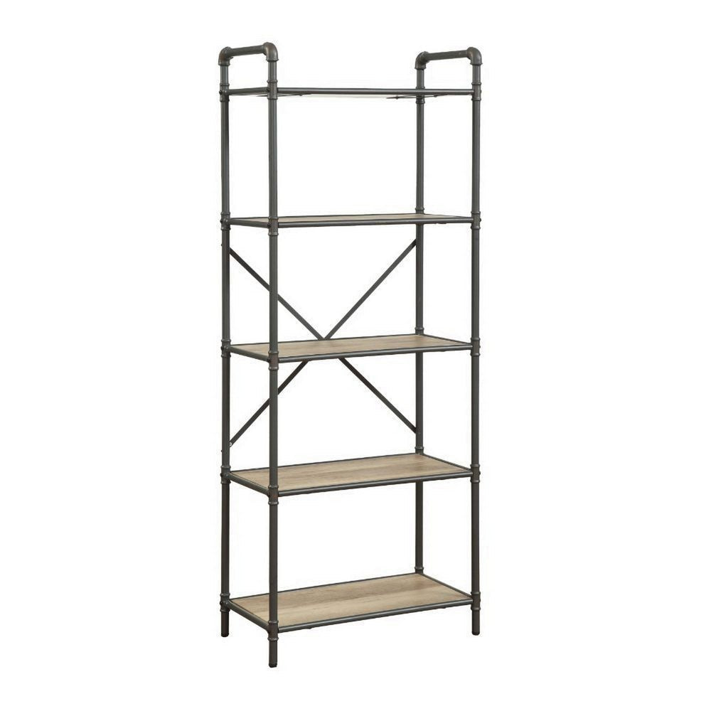Five Tier Metal Bookshelf With Wooden Shelves, Oak Brown & Gray