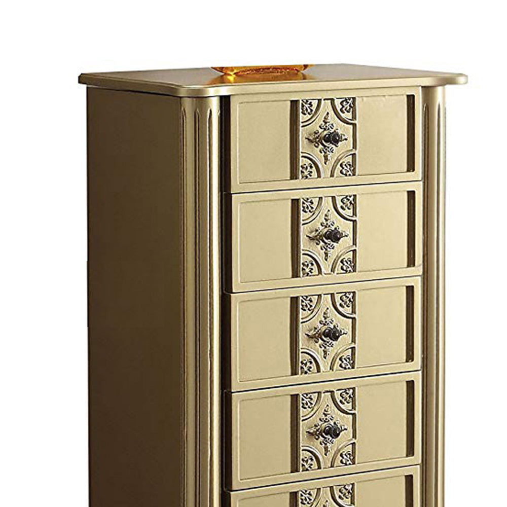 5 Drawer Wooden Jewelry Armoire with Knobs and Fluted Turned Legs, Gold