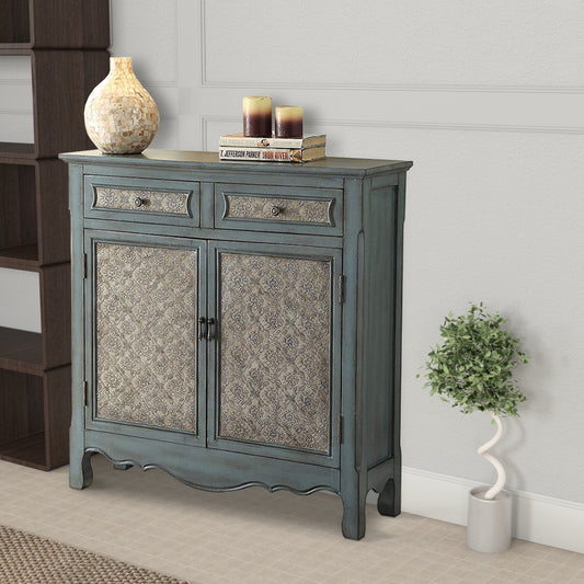 2 Door Cabinet Wooden Console Table with Scalloped Apron, Distressed Blue