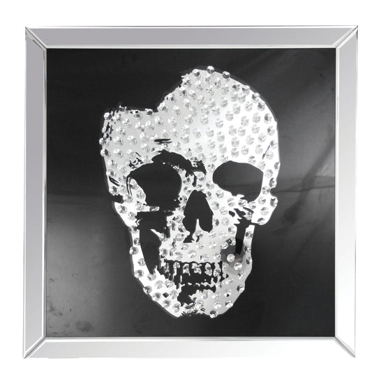 Square Shape Mirror framed Skull Wall Decor With Crystal Inlays, Black & Silver - AMF-97315