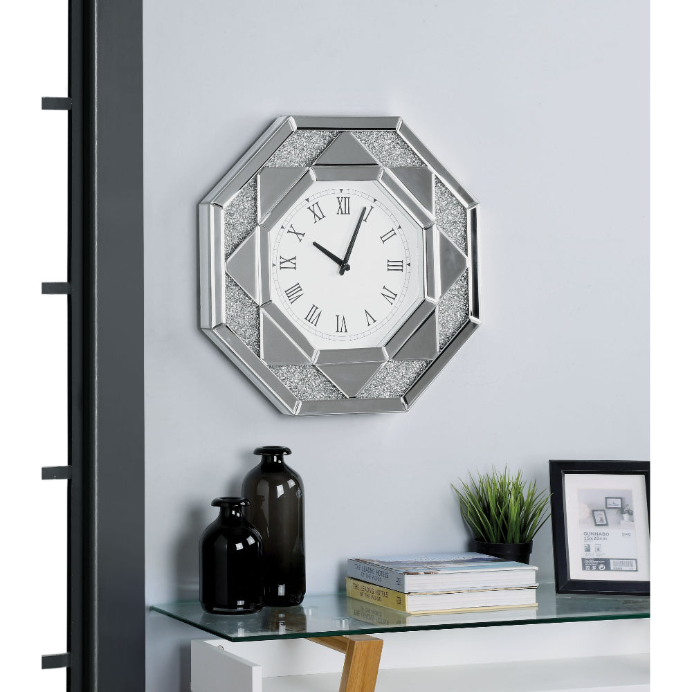 Octagonal Shaped Mirrored Frame Wall Clock with Faux Crystal Inlay, Silver - 97613