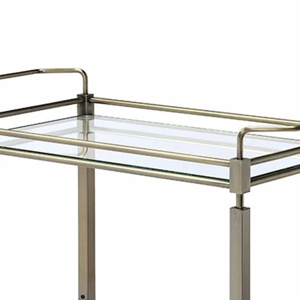 Serving Cart | 2 Tier | Glass Shelves | Side Rails | Antique Gold