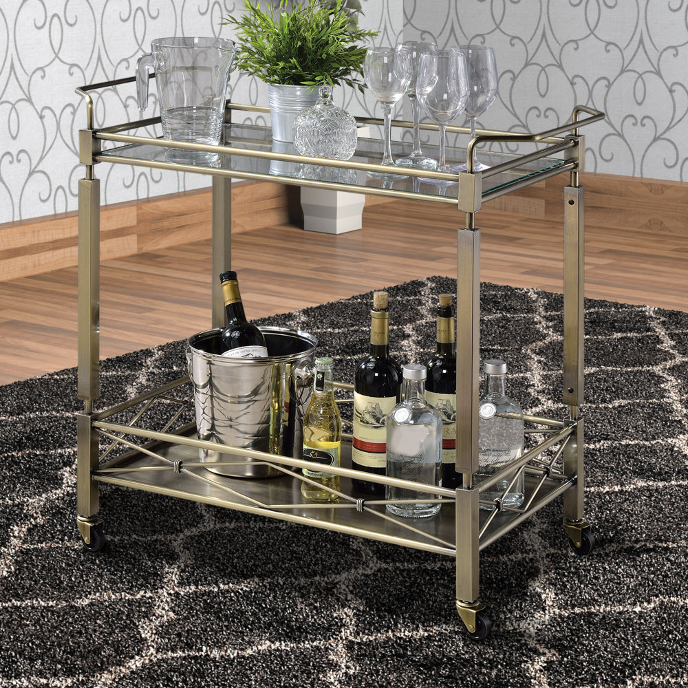 Two Tiered Metal Serving Cart with Glass Shelves and Side Rails Antique Gold - 98350 AMF-98350