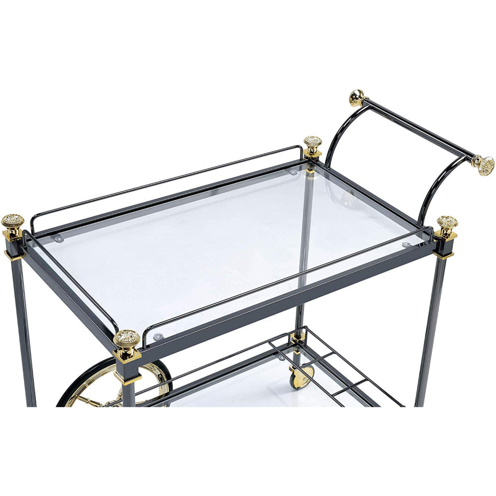 Serving Cart | Metal Frame | Glass Shelves | Side Handle | Black & Gold