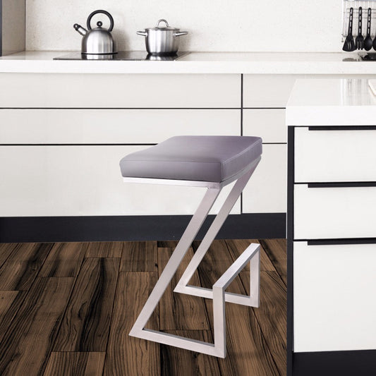 Barstool | Z-Shaped | Metal | Backless | Padded Seat | Silver & Gray