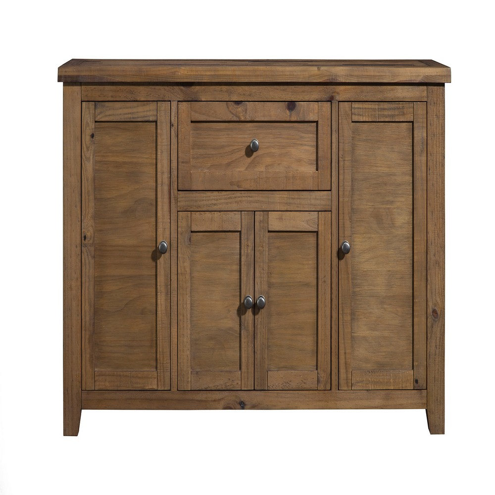 Durable Wooden Server with Four Door Cabinets with Adjustable Shelves, Brown