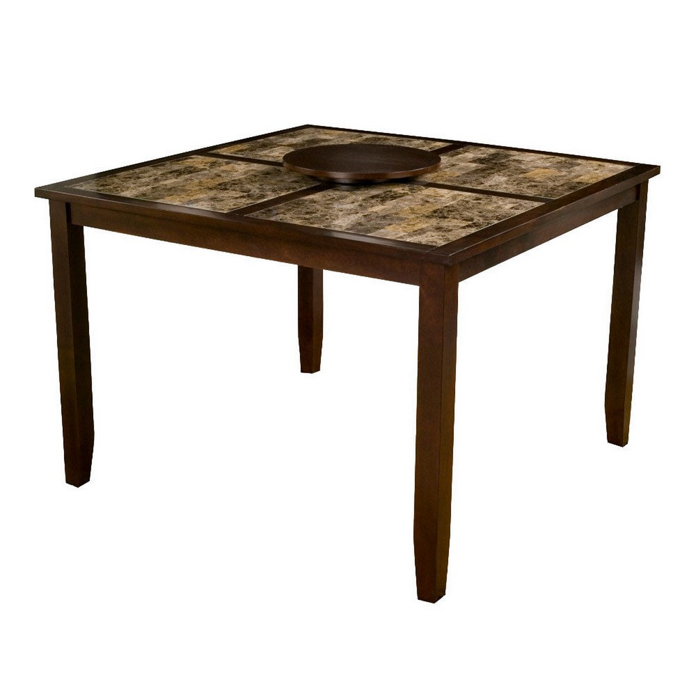 Faux Marble Top Large Pub Table With Removable Lazy Susan Brown