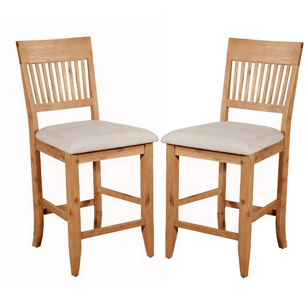 Wooden Pub Chair With Beige Fabric Upholstery Set Of 2