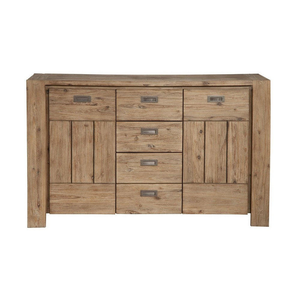 Acacia Wood Sideboard with Four Drawers and Side Cabinets, Brown