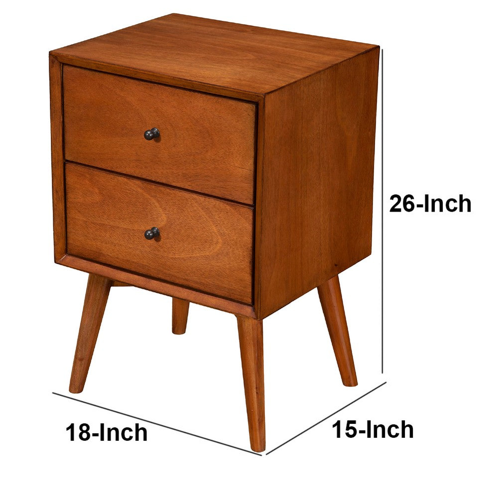 Mid Century 26 Inch Nightstand, 2 Drawers, Mahagony Wood Chestnut Brown