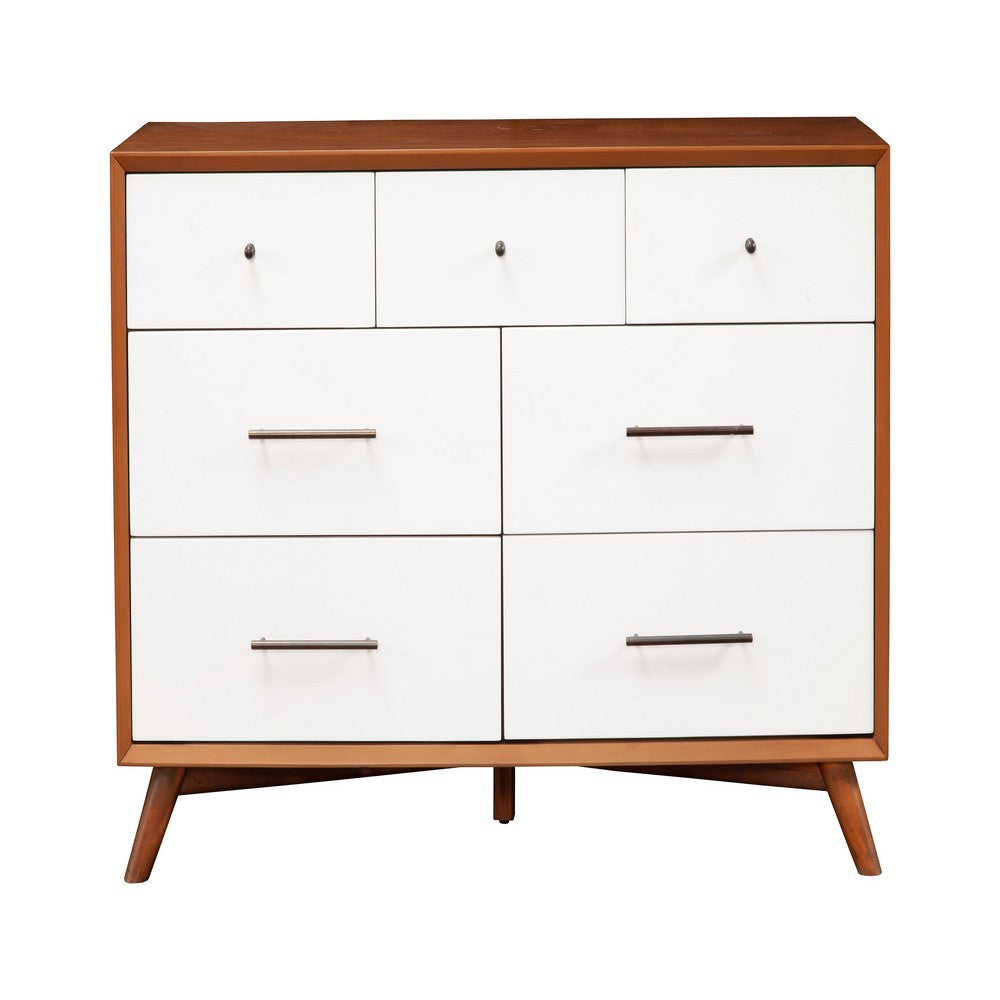 Stylish Wooden Dresser With Seven Drawers and Flared Legs, Brown and White