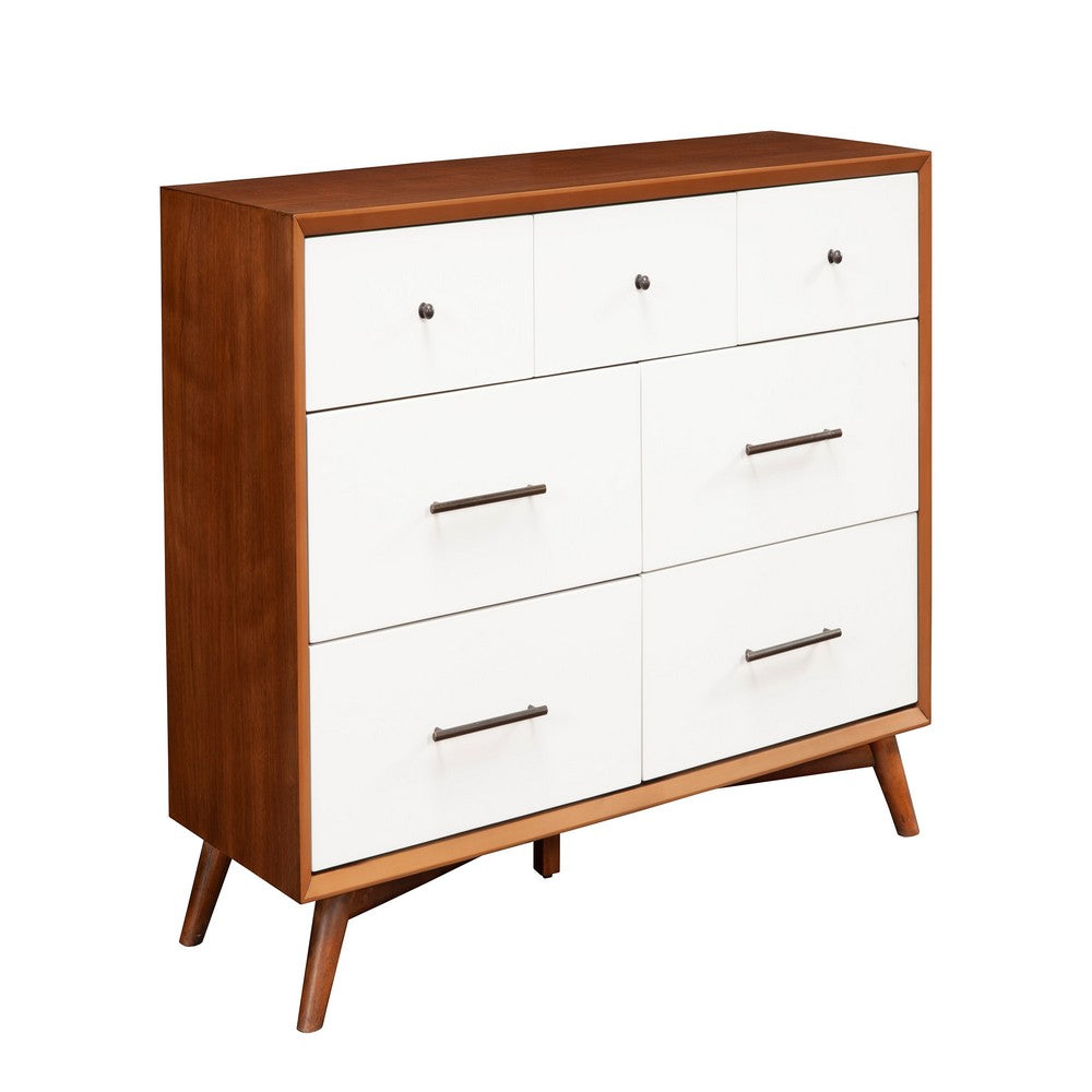 Stylish Wooden Dresser With Seven Drawers and Flared Legs, Brown and White
