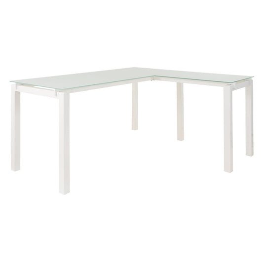 Metal L Shape Desk with Frosted Glass Top and Block Legs, White - H410-24 By Casagear Home