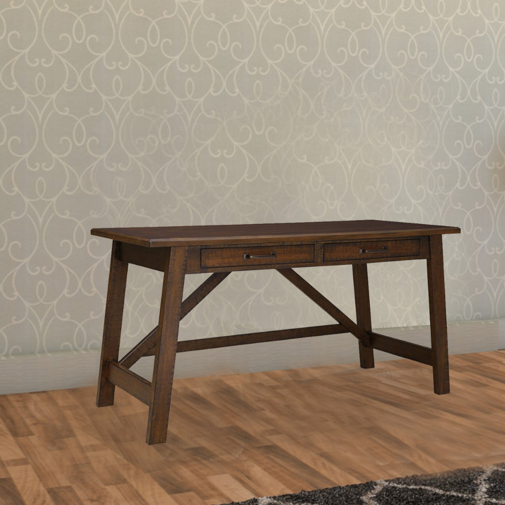 Ashley Two Drawers Wooden Desk with Cross Stretcher Brace Design, Large, Brown
