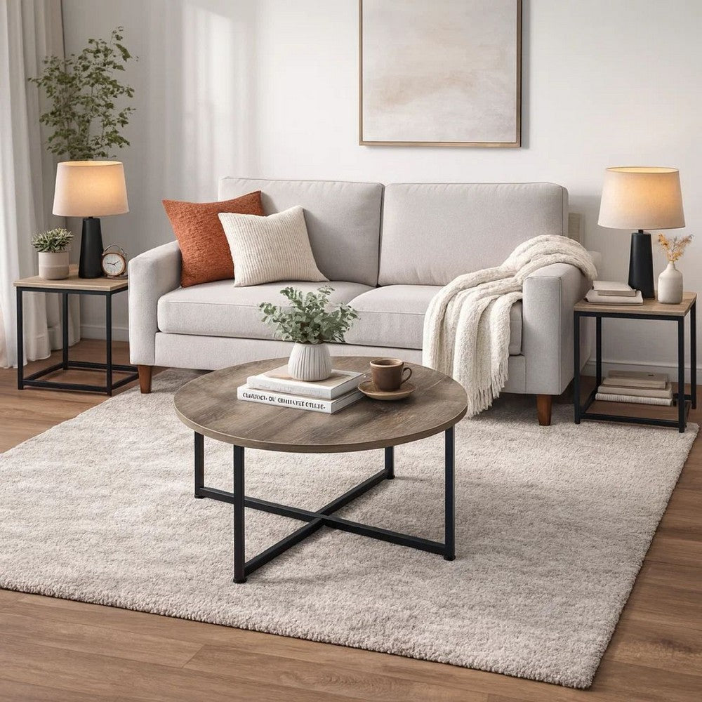 3 Piece Conversation Table Set | Wood Tops | Metal Base | Gray & Brown