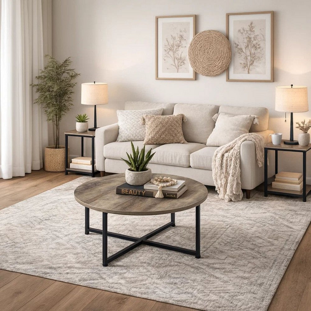 3 Piece Conversation Table Set | Wood Tops | Metal Base | Gray & Brown