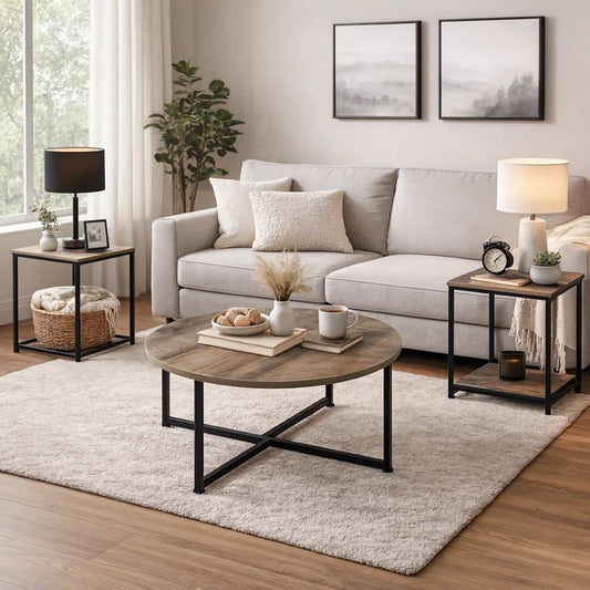 3 Piece Conversation Table Set | Wood Tops | Metal Base | Gray & Brown