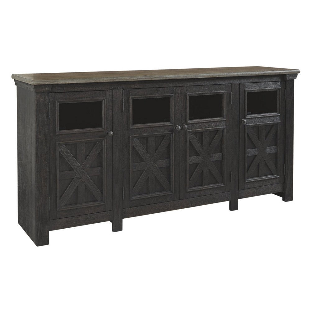 Ashley Dual Tone Wooden TV Stand with Four Cross Buck Doors Storage, Extra Large, Brown and Black