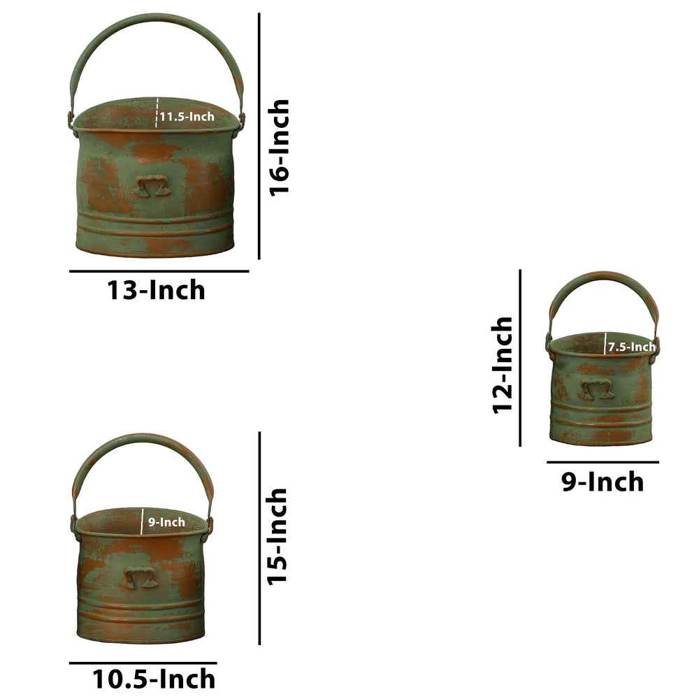 Tinged Metal Bucket Planter With Handles, Patina Rust Finish, Green, Set of 3 - BM01164