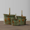 Tinged Metal Bucket Planter With Handles, Patina Rust Finish, Green, Set of 3 - BM01164