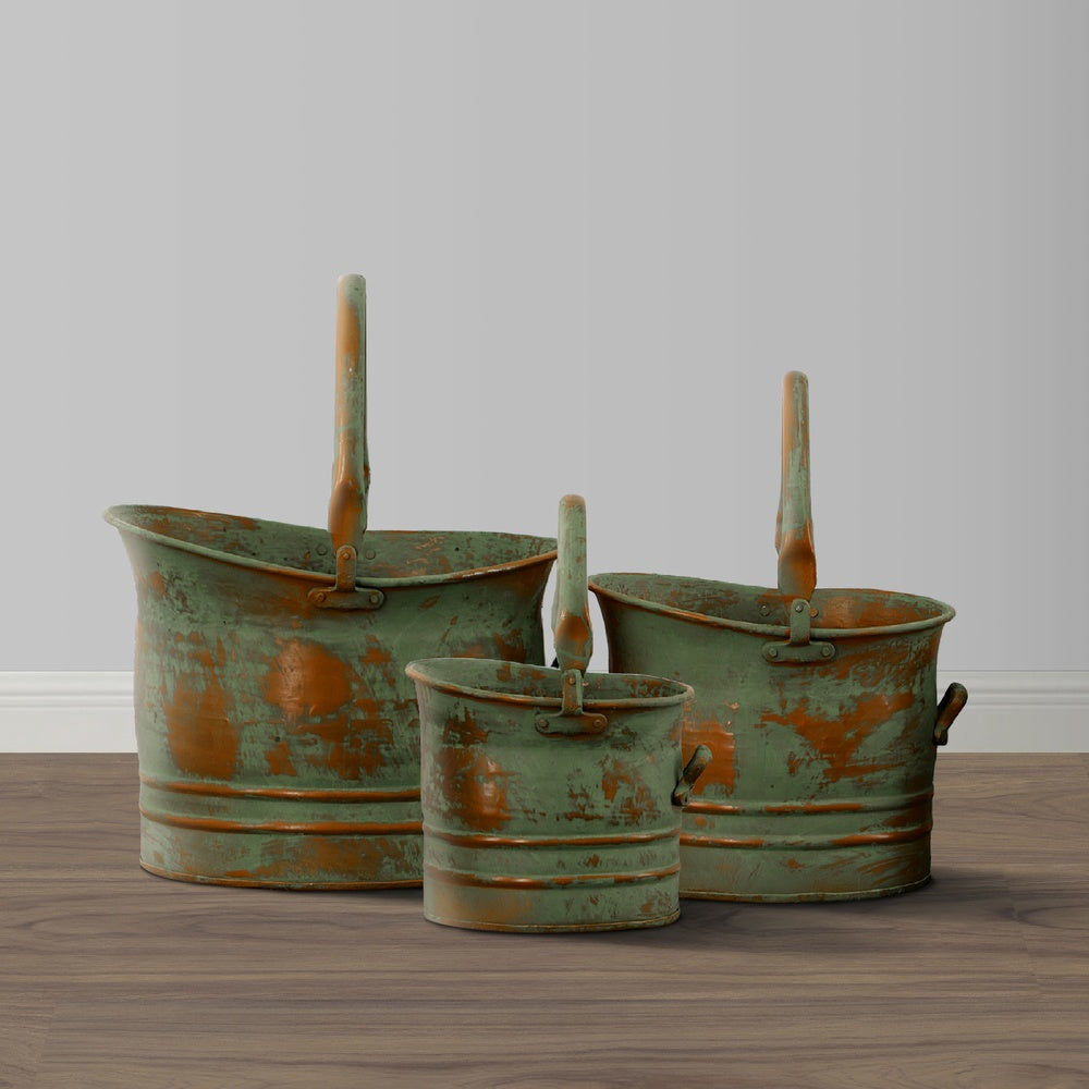 Tinged Metal Bucket Planter With Handles, Patina Rust Finish, Green, Set of 3 - BM01164
