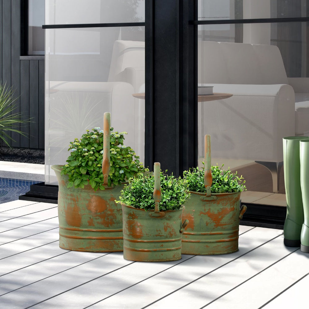 Tinged Metal Bucket Planter With Handles, Patina Rust Finish, Green, Set of 3 - BM01164
