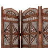 Traditional Four Panel Wooden Room Divider with Hand Carved Details, Antique Brown The Urban Port