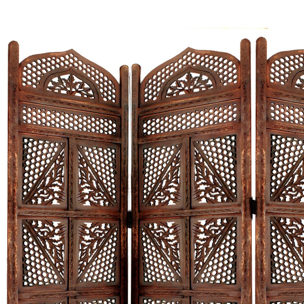 Traditional Four Panel Wooden Room Divider with Hand Carved Details, Antique Brown The Urban Port