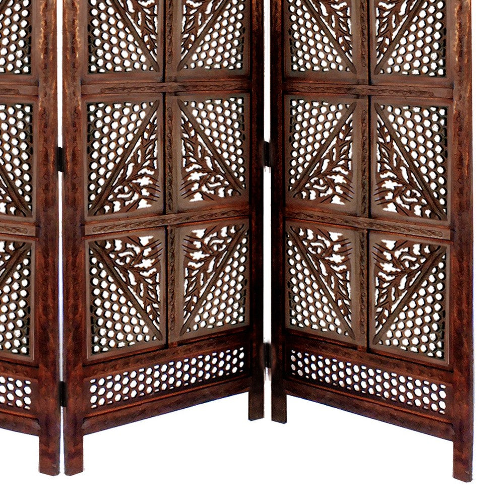 Traditional Four Panel Wooden Room Divider with Hand Carved Details, Antique Brown The Urban Port