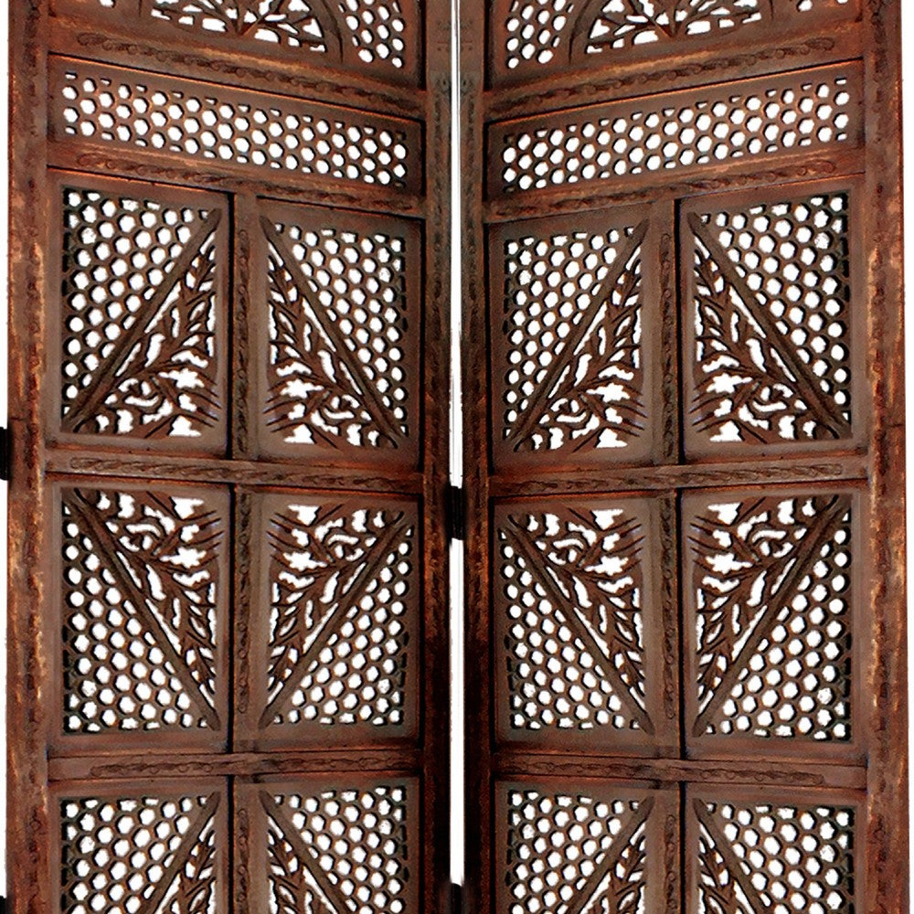 Traditional Four Panel Wooden Room Divider with Hand Carved Details, Antique Brown The Urban Port
