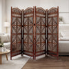 Traditional Four Panel Wooden Room Divider with Hand Carved Details, Antique Brown The Urban Port