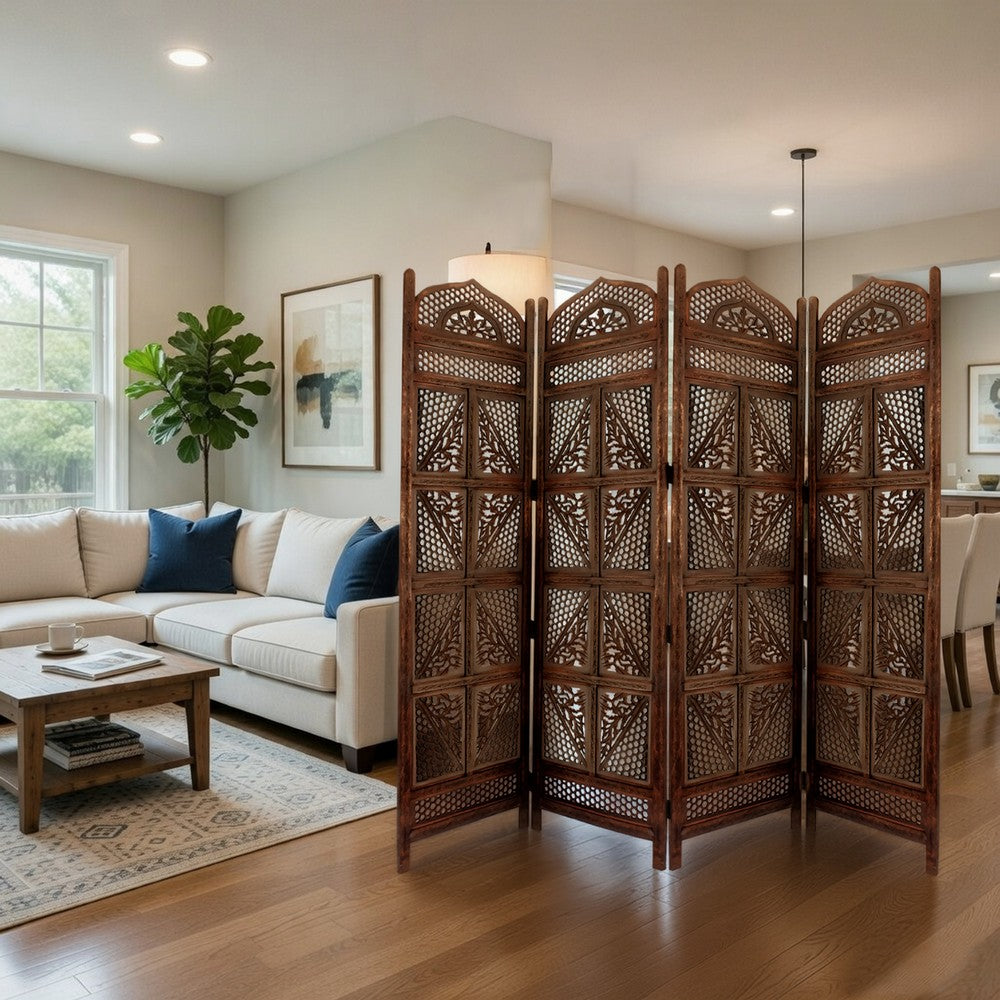 Traditional Four Panel Wooden Room Divider with Hand Carved Details, Antique Brown The Urban Port