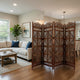 Traditional Four Panel Wooden Room Divider with Hand Carved Details, Antique Brown The Urban Port