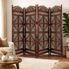Traditional Four Panel Wooden Room Divider with Hand Carved Details, Antique Brown The Urban Port