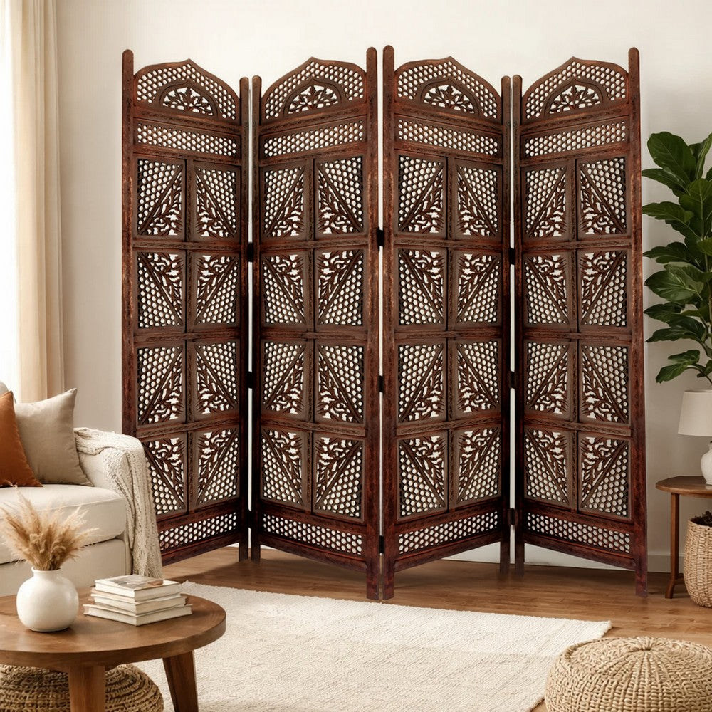 Traditional Four Panel Wooden Room Divider with Hand Carved Details, Antique Brown The Urban Port